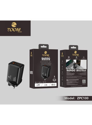 شاحن زووم بلس راپيدو بقوة 100 واط بتقنية GaN – محول جداري سريع بـ 3 منافذ (2x USB-C، 1x USB-A) مع قابس بريطاني – شاحن سفر فائق الصغر للابتوب، الأجهزة اللوحية، والهواتف الذكية – موديل ZPC100 - view 4