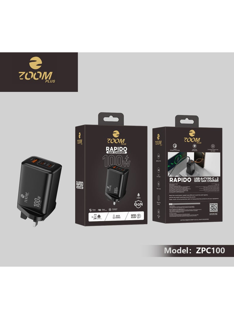 Zoom Plus Rapido 100W GaN Fast Charger – 3-Port Wall Adapter (2x USB-C, 1x USB-A) with UK Plug – Ultra-Compact Travel Charger for Laptops, Tablets, and Smartphones – Model ZPC100 - Image 4
