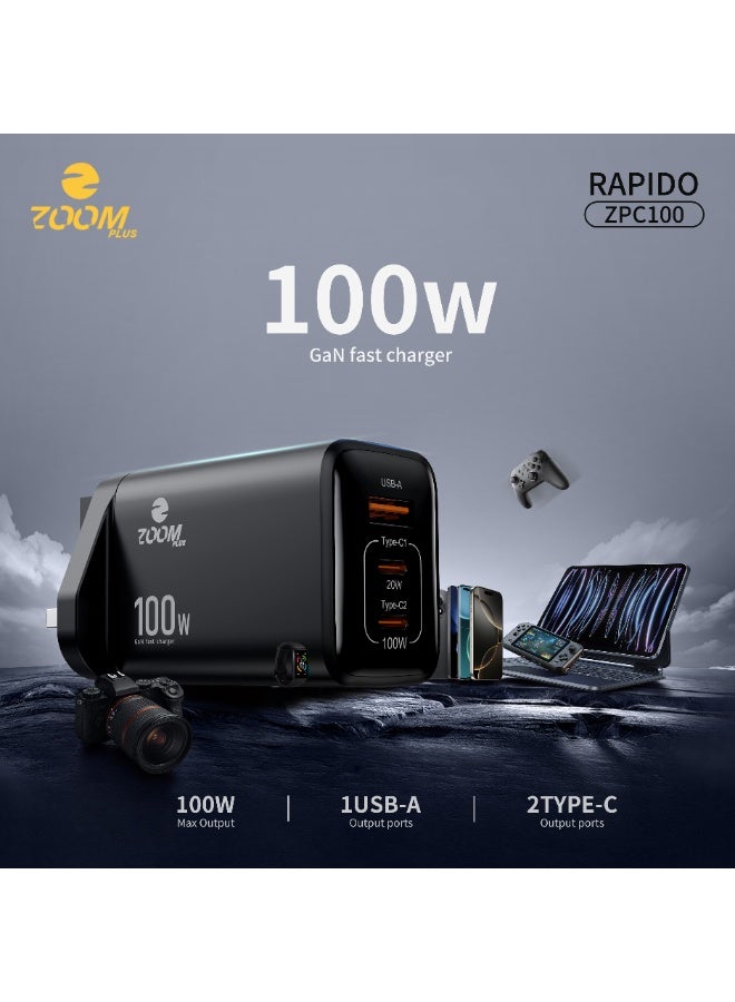 Zoom Plus Rapido 100W GaN Fast Charger – 3-Port Wall Adapter (2x USB-C, 1x USB-A) with UK Plug – Ultra-Compact Travel Charger for Laptops, Tablets, and Smartphones – Model ZPC100 - Image 1