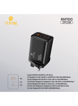 شاحن زووم بلس راپيدو بقوة 100 واط بتقنية GaN – محول جداري سريع بـ 3 منافذ (2x USB-C، 1x USB-A) مع قابس بريطاني – شاحن سفر فائق الصغر للابتوب، الأجهزة اللوحية، والهواتف الذكية – موديل ZPC100 - view 3