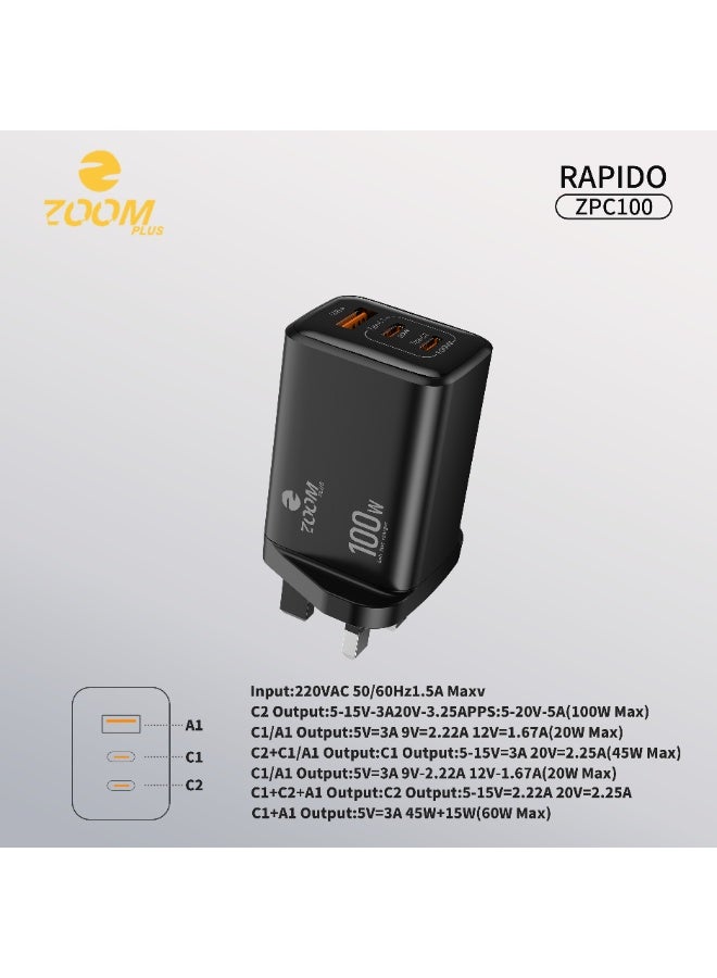 Zoom Plus Rapido 100W GaN Fast Charger – 3-Port Wall Adapter (2x USB-C, 1x USB-A) with UK Plug – Ultra-Compact Travel Charger for Laptops, Tablets, and Smartphones – Model ZPC100 - Image 3