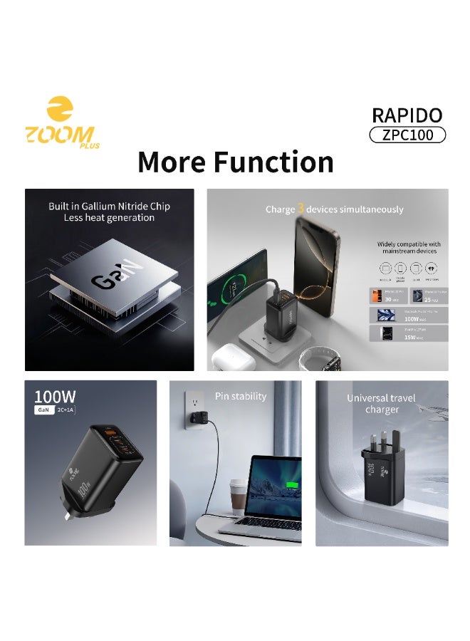 Zoom Plus Rapido 100W GaN Fast Charger – 3-Port Wall Adapter (2x USB-C, 1x USB-A) with UK Plug – Ultra-Compact Travel Charger for Laptops, Tablets, and Smartphones – Model ZPC100 - Image 2