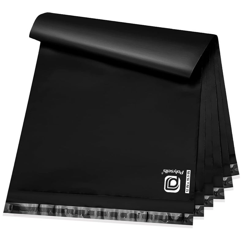POLYSELLS 100 pcs 12x15.5 Inches Black Poly Mailers Shipping Envelopes, Strong Adhesive Sealing, Waterproof, and Tear-resistant Postal Mailing Bags for Clothing, Books, and Accessories - Image 1