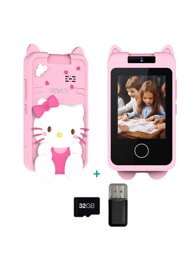 HD Children's Mobile Phone Digital Camera Flip SLR Photo Touch Early Education Educational Cartoon-Colour:Pink Meow+32g  - Image 1