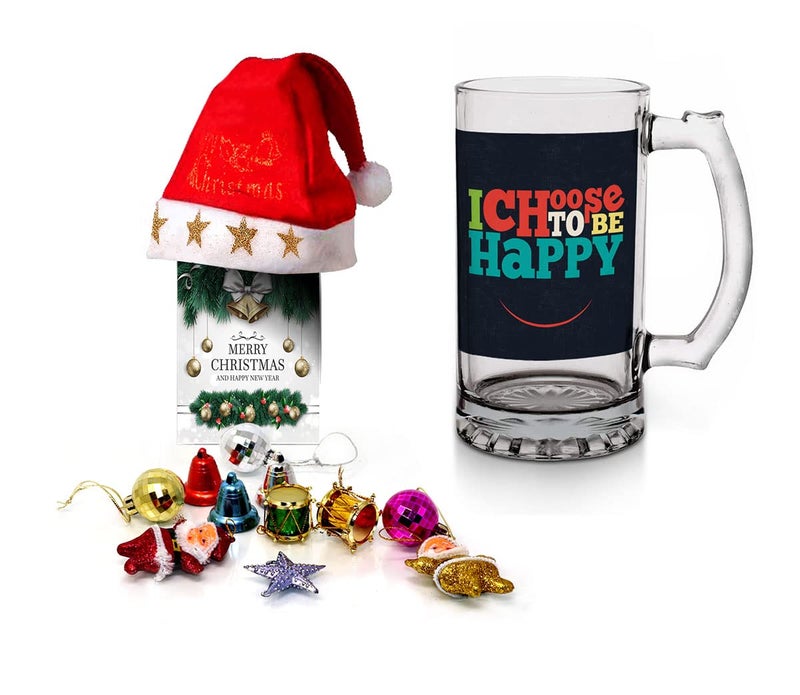 Kesri Gifts Kesri Gifts Christmas Gift Set Printed Beer Mug 12 Christmas Ornaments with Santa Cap Xmas Greeting Card for Xmas Gift ComboxmBrm21270 - Image 1