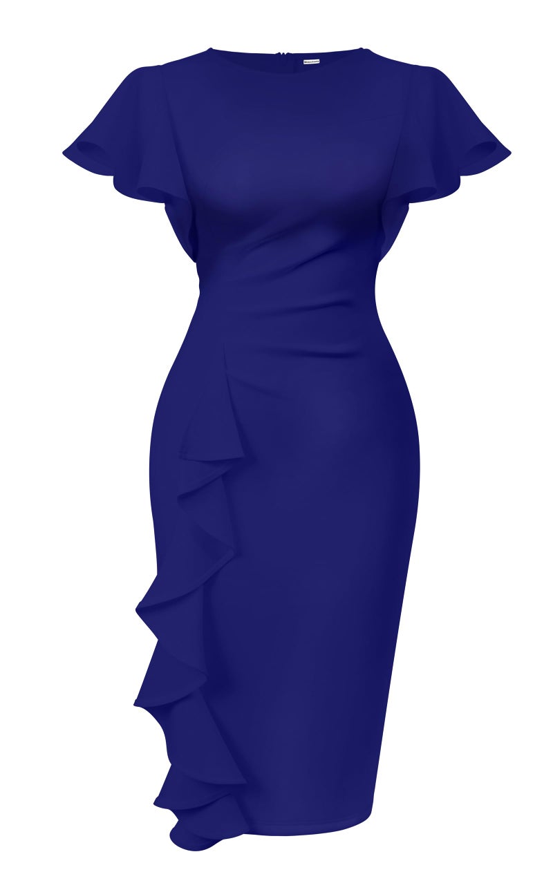 Memoriesea Women's Vintage Church Ruffle Sleeve Ruched Bodycon Work Midi Pencil Dress Royal Blue - Image 1