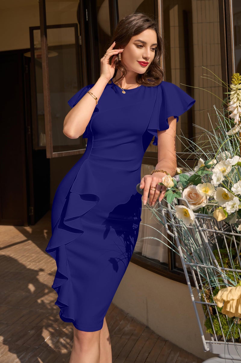 Memoriesea Women's Vintage Church Ruffle Sleeve Ruched Bodycon Work Midi Pencil Dress Royal Blue - Image 4