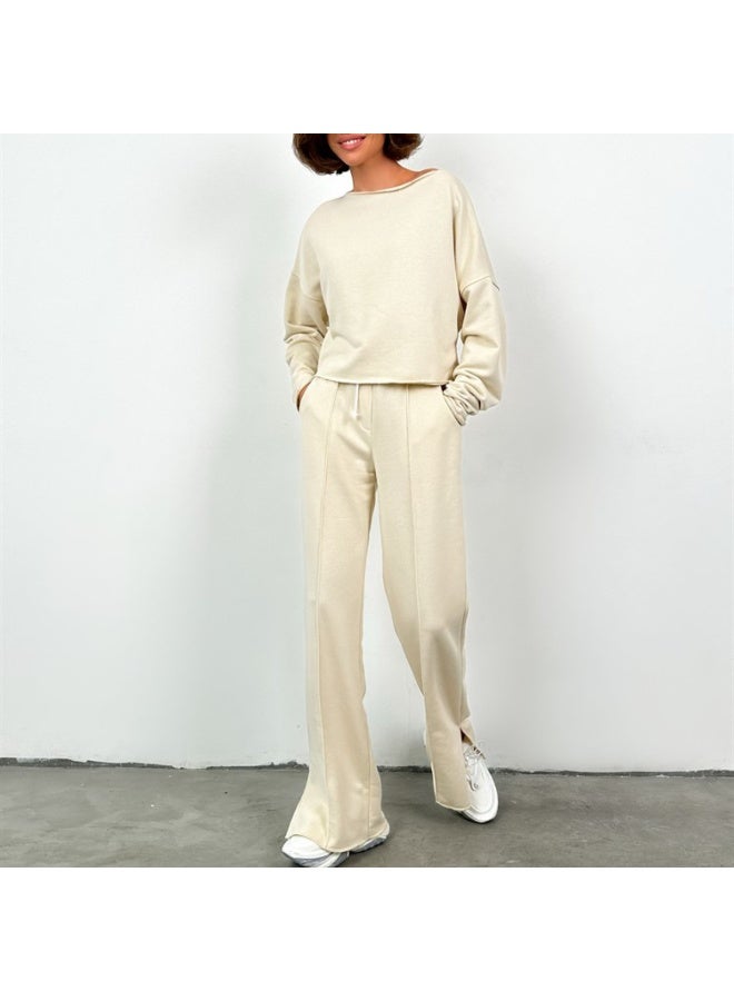 NIBEMINENT Spring Solid 2 Piece Casual Home Suit Women Loose Round Neck Long Sleeved Pullover Top Elastic Waist Lace Up Trousers Set - Image 2