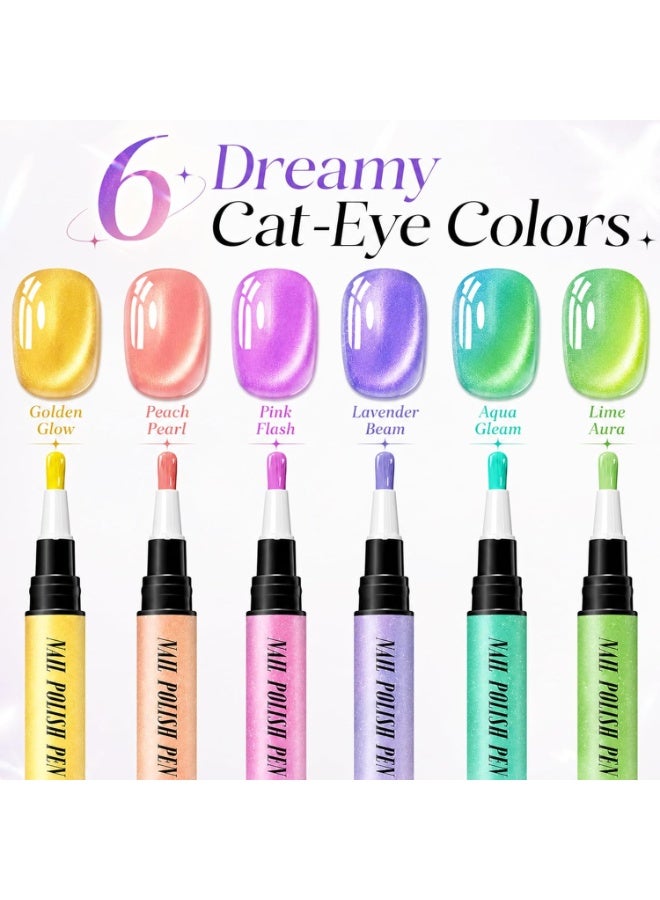 NovaCharm 6 Colors Fluorescent Cat Eye Nail Polish Pens, Water-Based Quick Dry No UV Lamp Needed Nail Set, Mini Shimmer Manicure Pens for Natural Nails & Press On Nails - Image 3