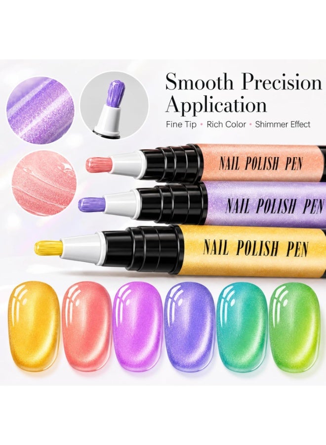 NovaCharm 6 Colors Fluorescent Cat Eye Nail Polish Pens, Water-Based Quick Dry No UV Lamp Needed Nail Set, Mini Shimmer Manicure Pens for Natural Nails & Press On Nails - Image 2