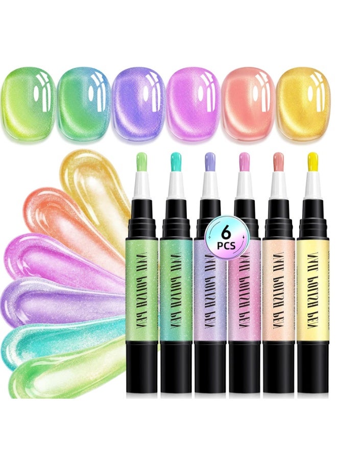NovaCharm 6 Colors Fluorescent Cat Eye Nail Polish Pens, Water-Based Quick Dry No UV Lamp Needed Nail Set, Mini Shimmer Manicure Pens for Natural Nails & Press On Nails - Image 1