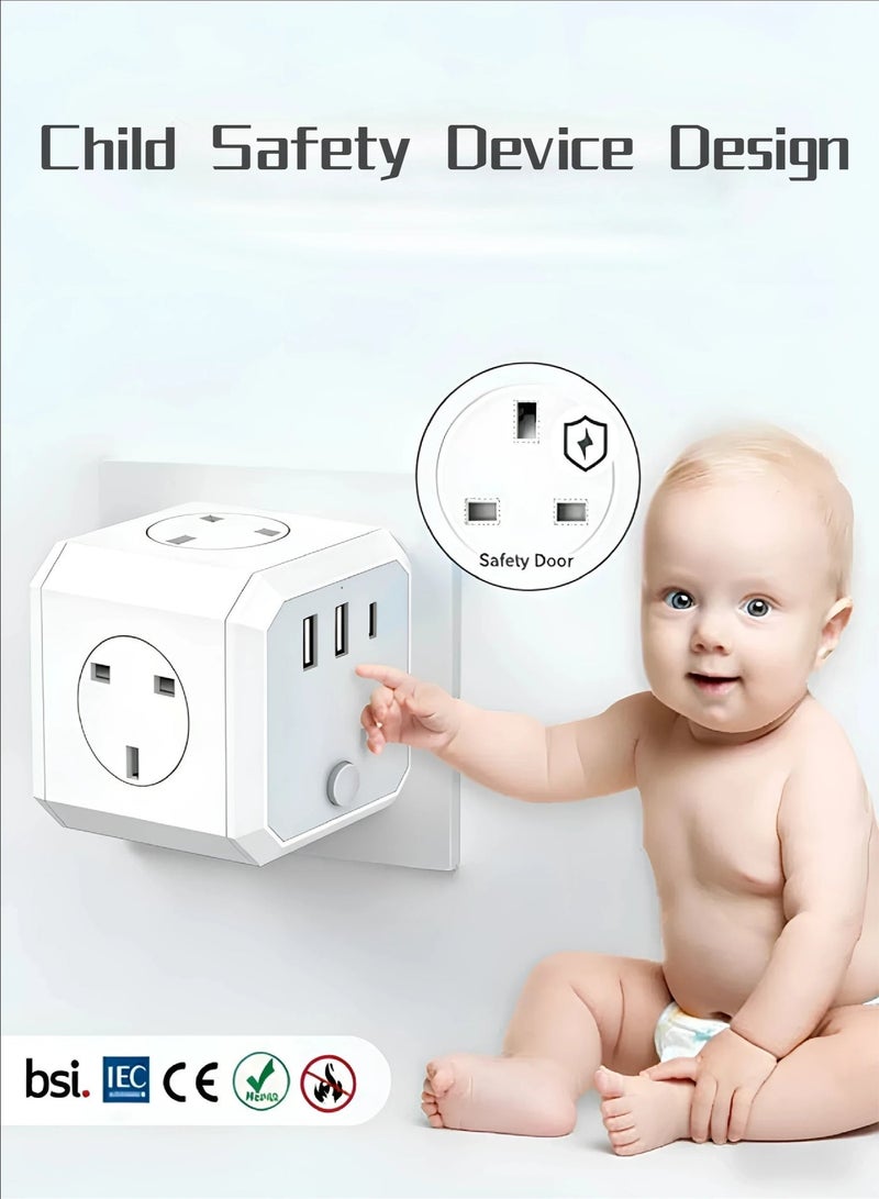 8-in-1 UK Multi Plug Adapter with Fast Charge, 4 AC Outlets & 4 USB Charging Ports (3 USB-A + 1 USB-C), 3.4A Total Output, Compact Travel Essentials for Cruise Home Office (White) - Image 4