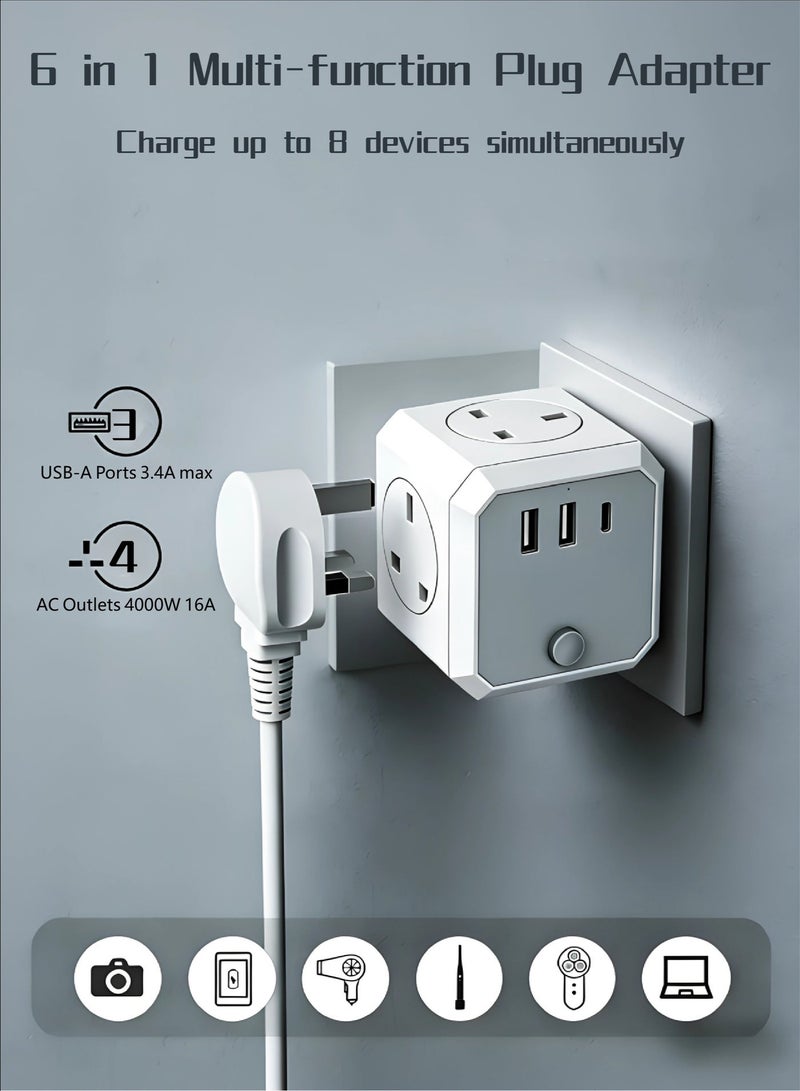 8-in-1 UK Multi Plug Adapter with Fast Charge, 4 AC Outlets & 4 USB Charging Ports (3 USB-A + 1 USB-C), 3.4A Total Output, Compact Travel Essentials for Cruise Home Office (White) - Image 1