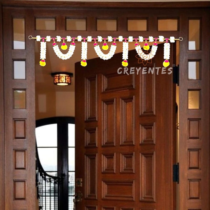 CREYENTES Artificial Jasmin Flower ToranToran for Door Wall Hanging Bandarwal for Home Door Door Decor Diwali Toran Decoration for Festival Temple Pooja Room Wooden Moti Mogra - Image 1