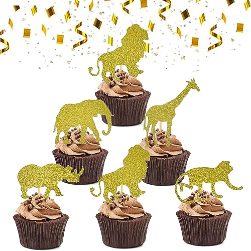 TKMOS 30 Pack Gold Glitter Jungle Safari Animal Cake Cupcake Toppers Cupcake Picks Decorations for Jungle Safari Animal Themed Baby Shower Birthday Party - Image 1