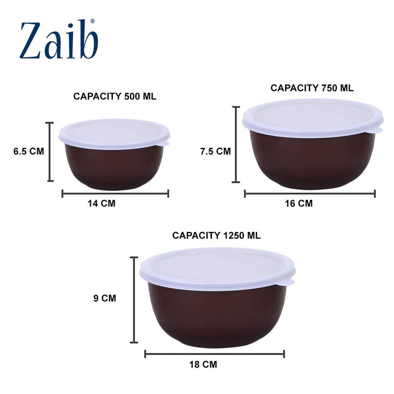 Zaib Stainless Steel Micrwoave Safe Containers with Lid for Kitchen Food Stroage | Euro Mixing Bowls, Capacity: 1250 ML, 750 ML, 500 ML (WL Dark Brown 3) - Image 3