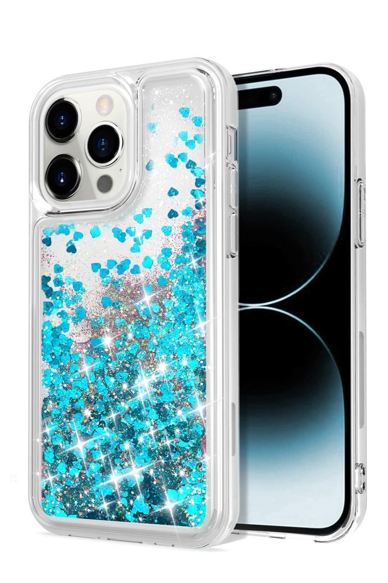 كايس كلوب جراب iPhone 16 Pro اللامع - غطاء مقاوم للصدمات براق عائم سائل مع بريق قلب أزرق للفتيات والنساء - جراب TPU شفاف رفيع - Image 1