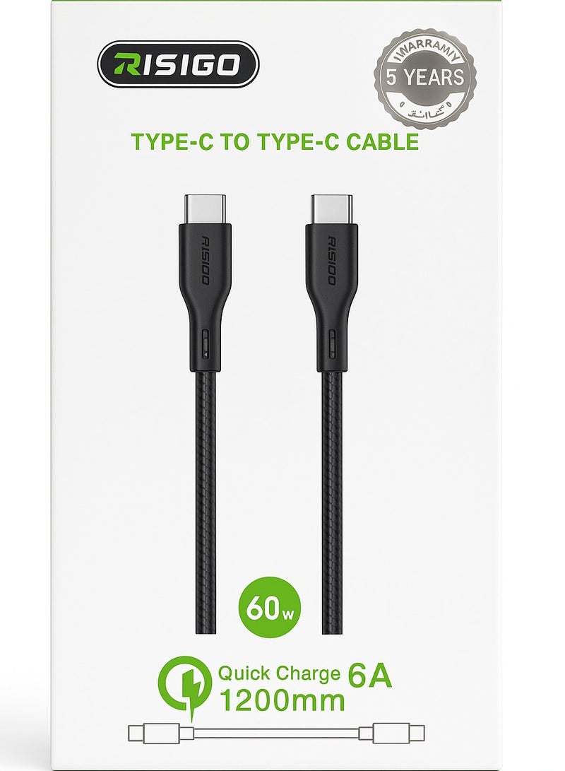 Fast Charging Type-C to Type-C Cable 60W, 1.2m, 6A, Anti-Cut Durable - Image 1