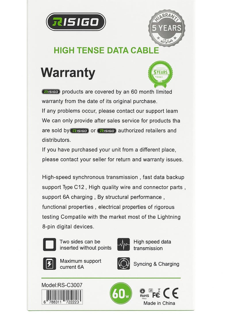 Fast Charging Type-C to Type-C Cable 60W, 1.2m, 6A, Anti-Cut Durable - Image 2