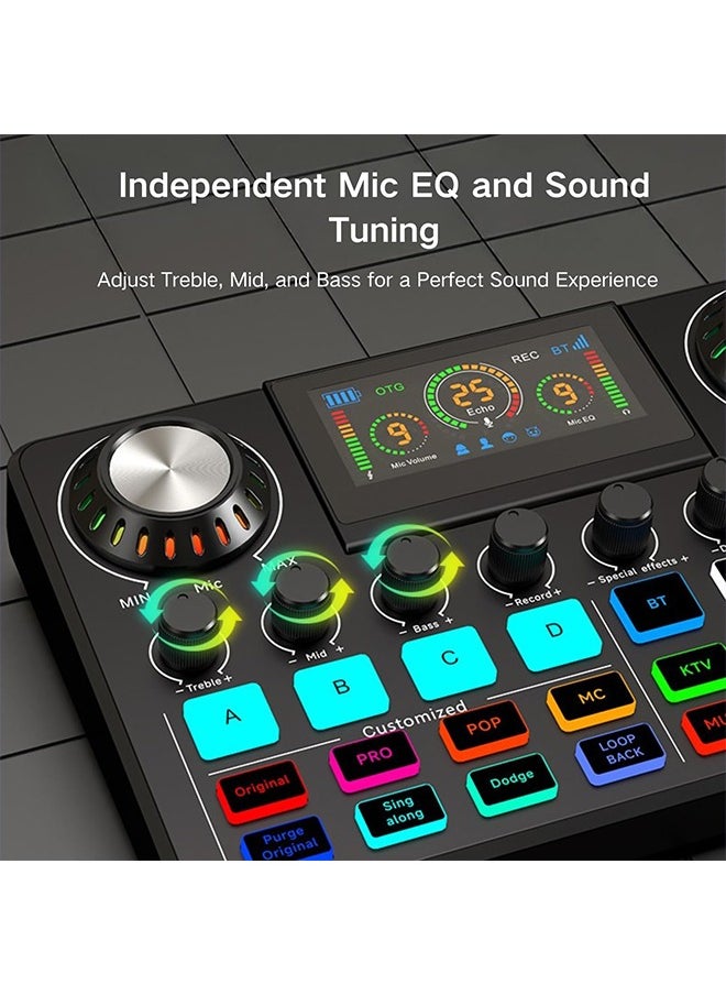 Audio Mixer, Live Sound Card with DJ Mixer Effects & Voice Changer, Denoise, One Click Mute, Sound Board with RGB, Bluetooth, Music Recording Equipment, Ideal for Streaming/Podcasting/Gaming