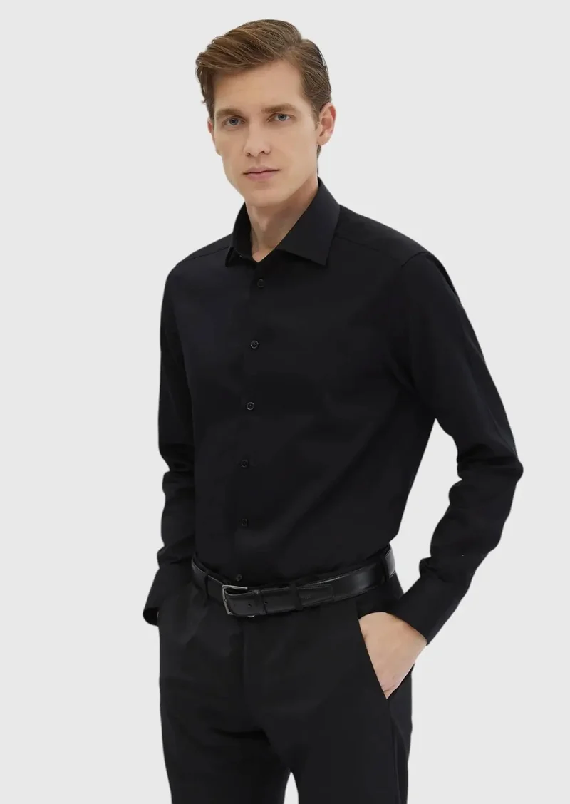 RAMSEY Black Plain Regular Fit Weaving Classical 100% Cotton Shirt