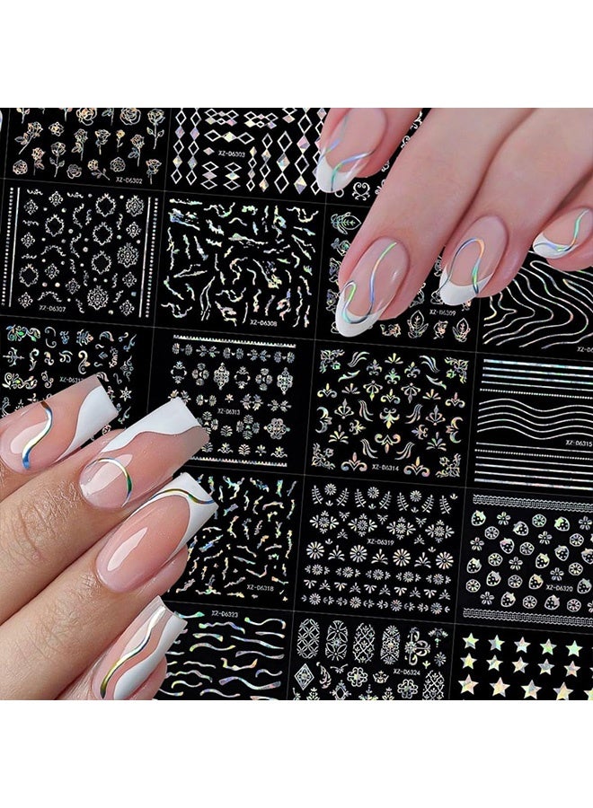 GD 30 Sheets White Flower Plaid Star Heart Line Nail Stickers 3D Self-Adhesive Laser Glossy Nail Decals for DIY Nails Art Decorations - Image 4