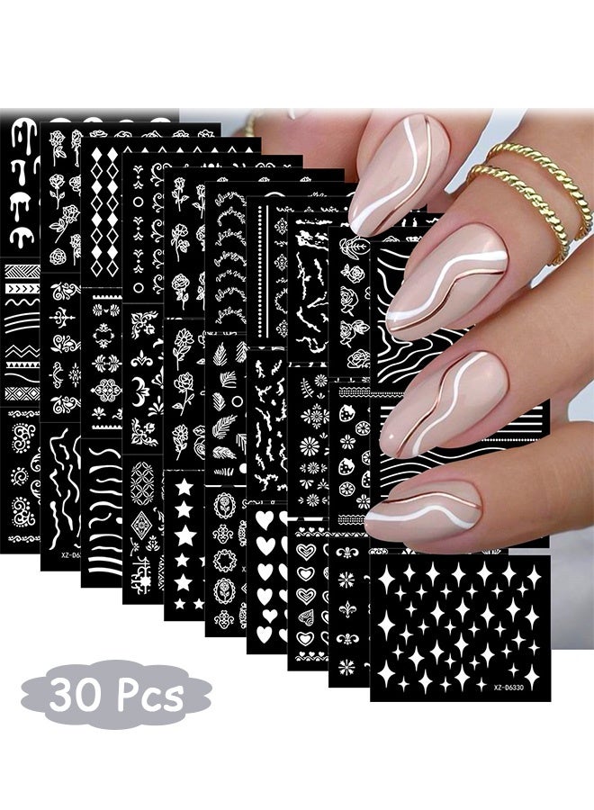 GD 30 Sheets White Flower Plaid Star Heart Line Nail Stickers 3D Self-Adhesive Laser Glossy Nail Decals for DIY Nails Art Decorations - Image 1