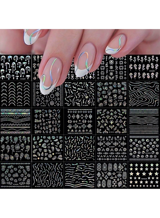 GD 30 Sheets White Flower Plaid Star Heart Line Nail Stickers 3D Self-Adhesive Laser Glossy Nail Decals for DIY Nails Art Decorations - Image 3
