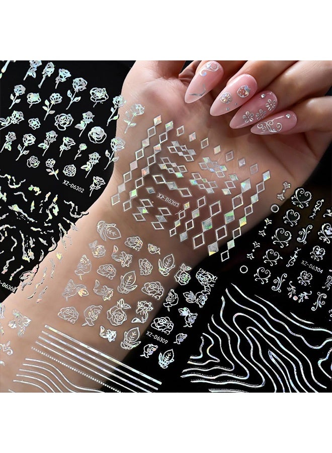 GD 30 Sheets White Flower Plaid Star Heart Line Nail Stickers 3D Self-Adhesive Laser Glossy Nail Decals for DIY Nails Art Decorations - Image 5