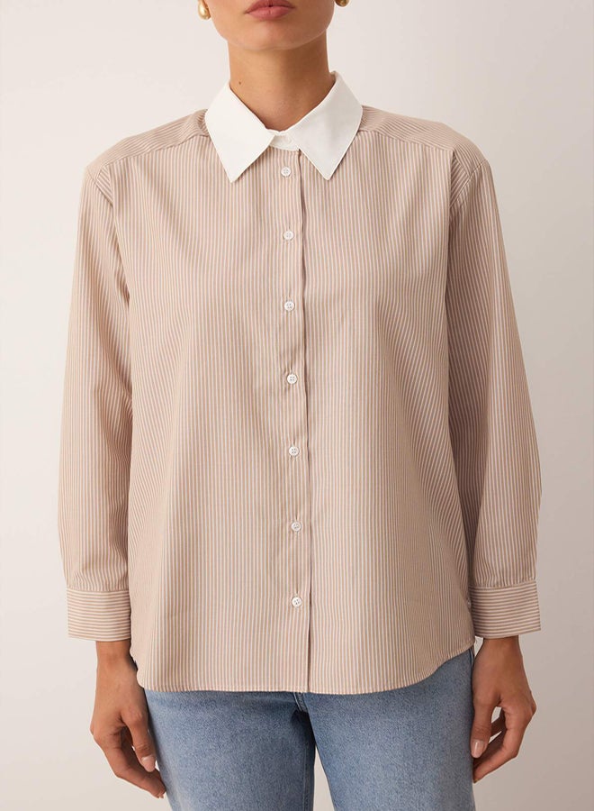 trendyol Beige Collar Detailed and Side Buttoned Striped Woven Shirt - Image 3