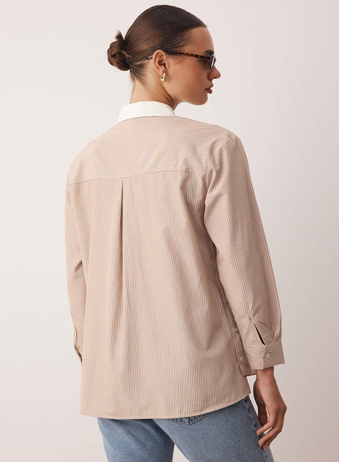 trendyol Beige Collar Detailed and Side Buttoned Striped Woven Shirt - Image 4