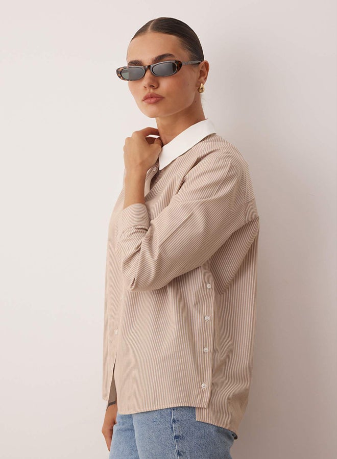 trendyol Beige Collar Detailed and Side Buttoned Striped Woven Shirt - Image 2