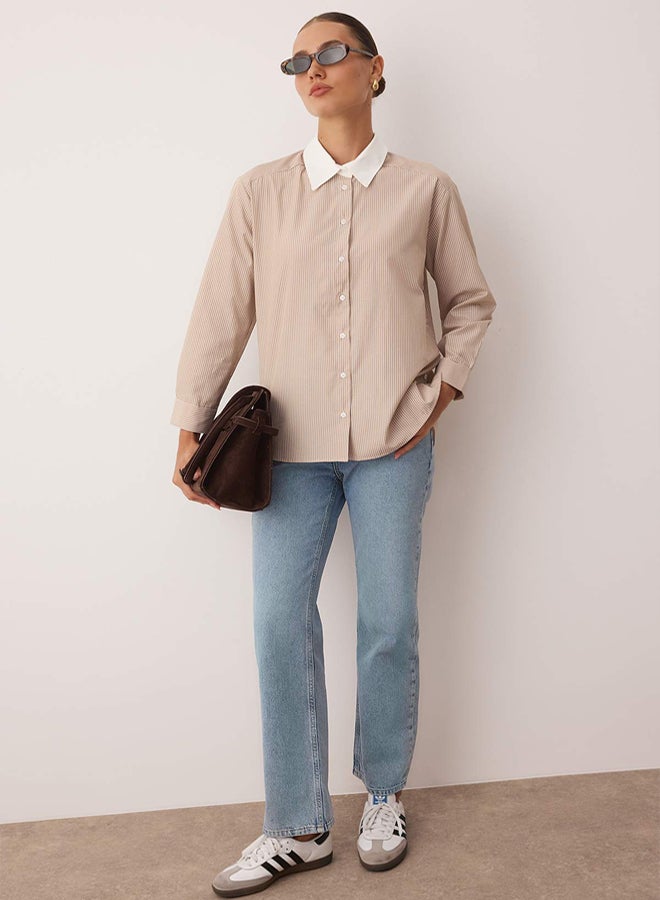 trendyol Beige Collar Detailed and Side Buttoned Striped Woven Shirt - Image 1