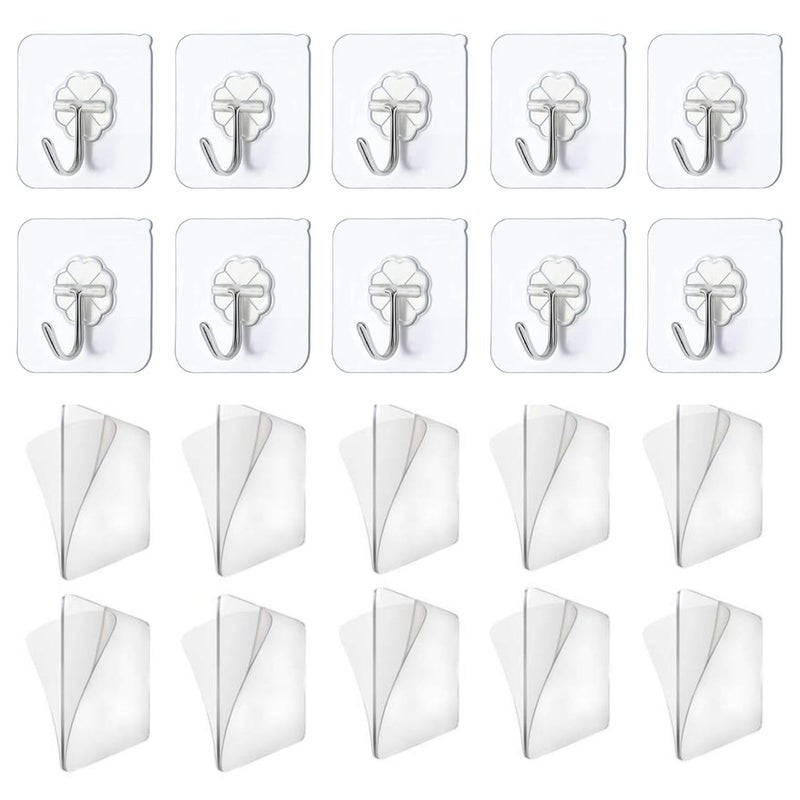 E Street SelfAdhesive Hooks 10 Transparent 10 with DoubleSided Adhesive Pads HeavyDuty NoDrill Wall Hooks for Kitchen Bathroom Strong Hangers for Coat Cloth Towel Keys Pack of 20 - Image 1