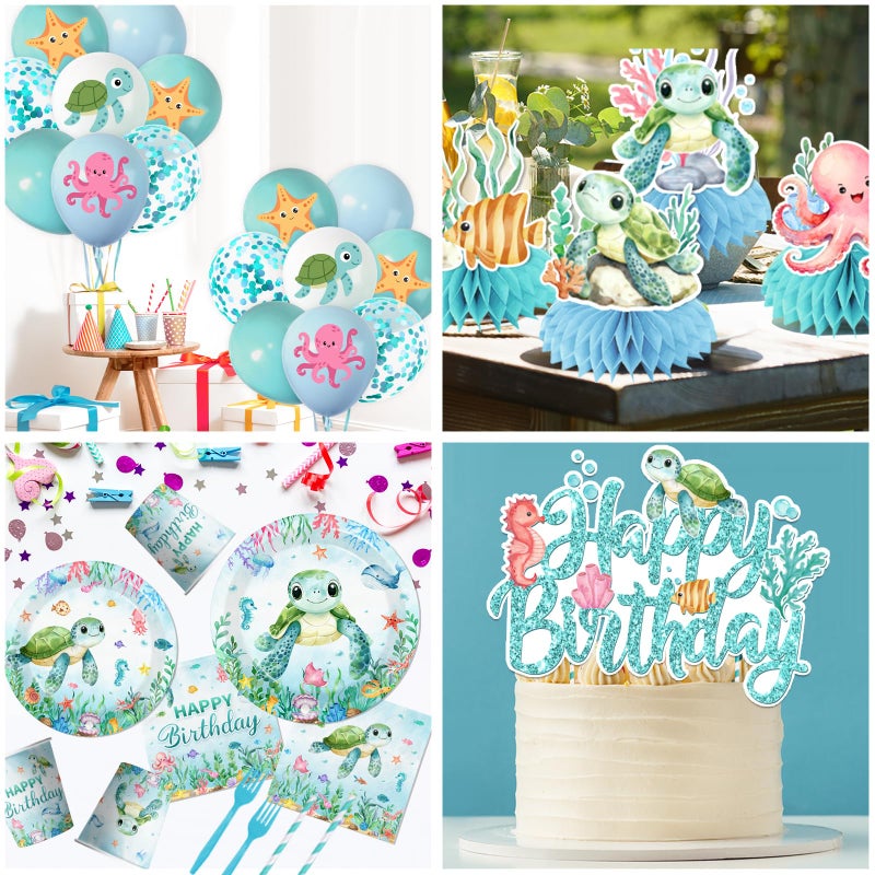Peghoqu 206pcs Ocean Turtle Birthday Party Supplies Under the Sea Decoration Ocean Sea Animal Disposable Plates Napkins,Tablecloth,Cups,Balloon,Forks,Cake Toppers for Sea Turtle Birthday Theme Decor,Serve 24 - Image 4