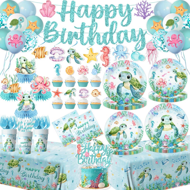 Peghoqu 206pcs Ocean Turtle Birthday Party Supplies Under the Sea Decoration Ocean Sea Animal Disposable Plates Napkins,Tablecloth,Cups,Balloon,Forks,Cake Toppers for Sea Turtle Birthday Theme Decor,Serve 24 - Image 1