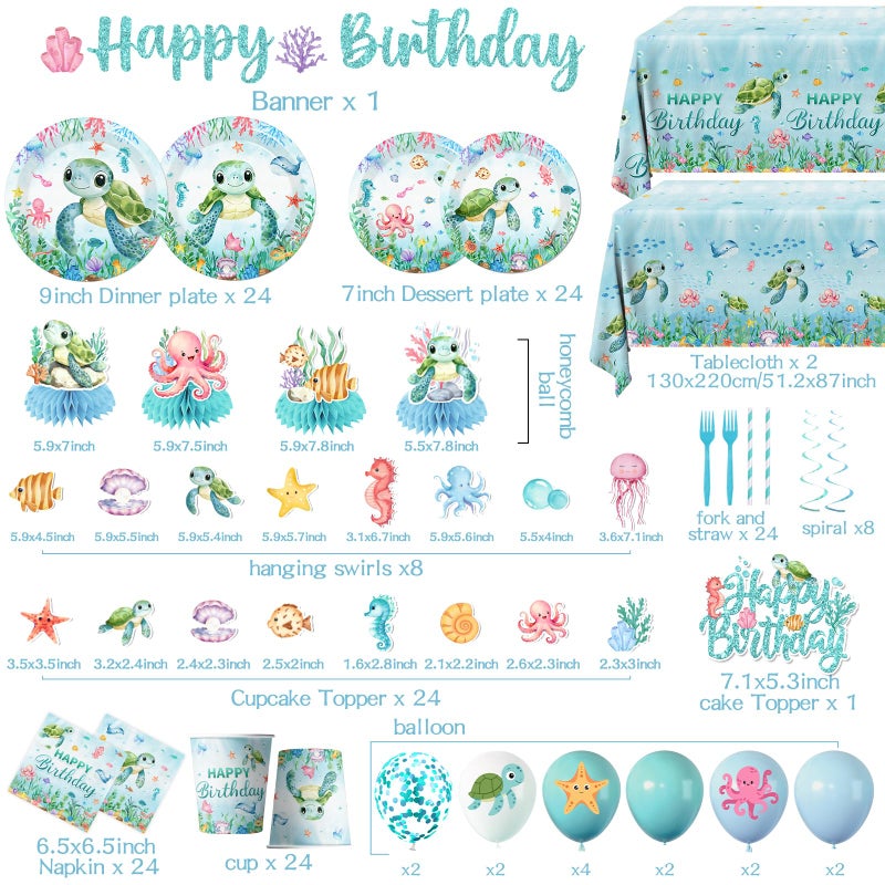 Peghoqu 206pcs Ocean Turtle Birthday Party Supplies Under the Sea Decoration Ocean Sea Animal Disposable Plates Napkins,Tablecloth,Cups,Balloon,Forks,Cake Toppers for Sea Turtle Birthday Theme Decor,Serve 24 - Image 3