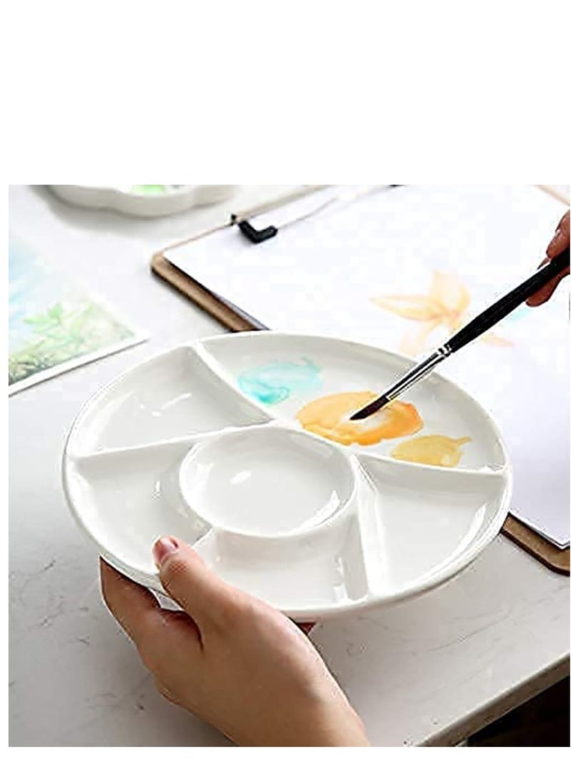 Zikra Ceramic Artist Paint Pallet, Tray, Palette, Easy to Clean Porcelain Mixing Tray for Watercolor Gouache Painting, 6 Wells, 8 inch, White, Round - Image 1