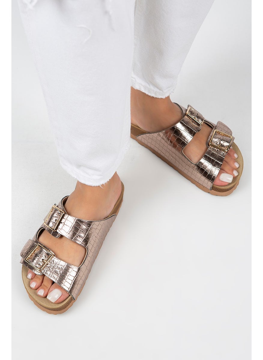Manijero Croco - Hb Women's Genuine Leather Double Buckle Crocodile Copper Slippers  - Image 5