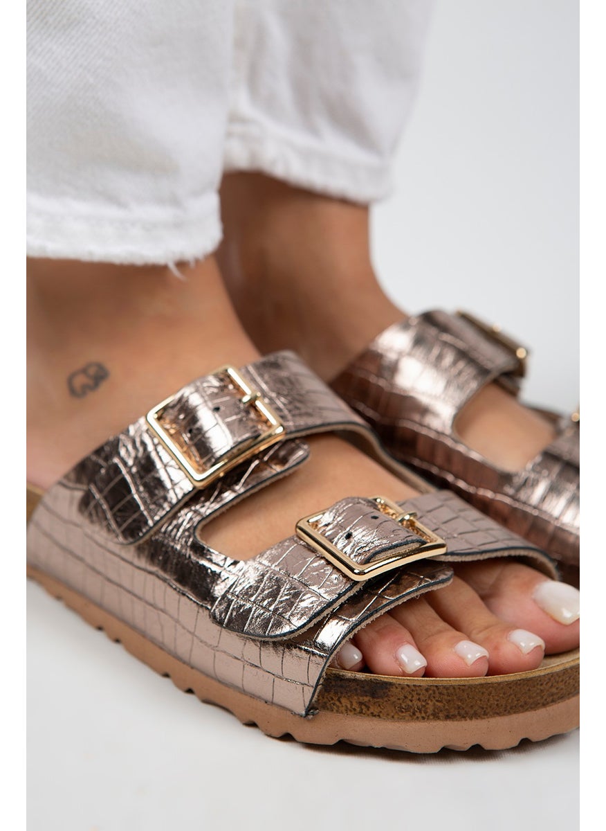 Manijero Croco - Hb Women's Genuine Leather Double Buckle Crocodile Copper Slippers  - Image 4