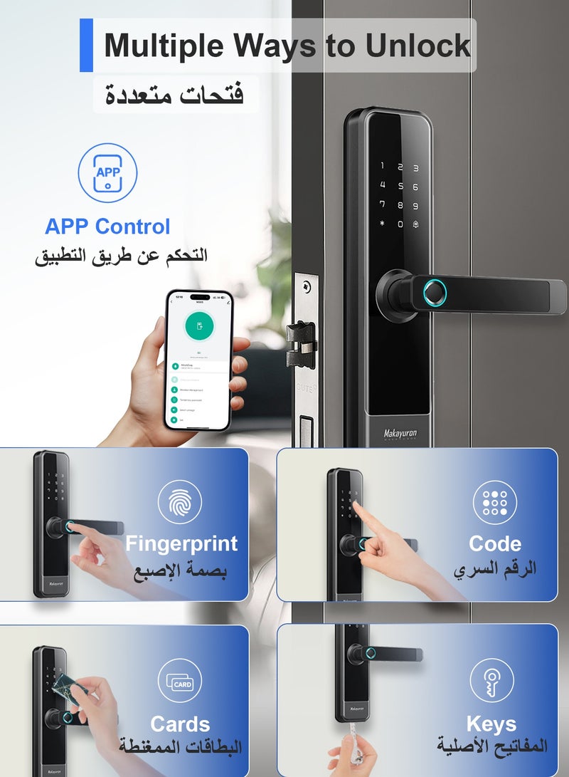 Makayuron Tuya-WiFi Smart Door Lock with 4585 Mortise – 5-in-1 Unlocking: Fingerprint, Passcode, 7*Cards, Tuya WiFi App, Mechanical Key – Remote Access & Real-Time Monitoring - Image 2