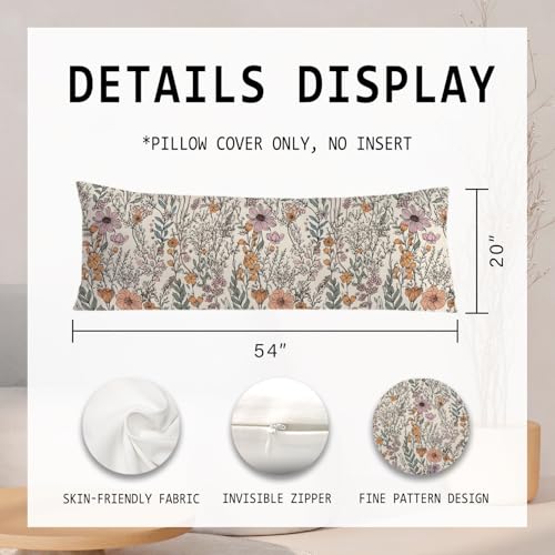 PIUD Vintage Boho Floral 20x54 Body Pillow Cover, Cottagecore Room Decor, Retro Rustic Cottagecore Flowers Aesthetic Decorative Long Body Pillow Cases for Bed Couch - Image 2