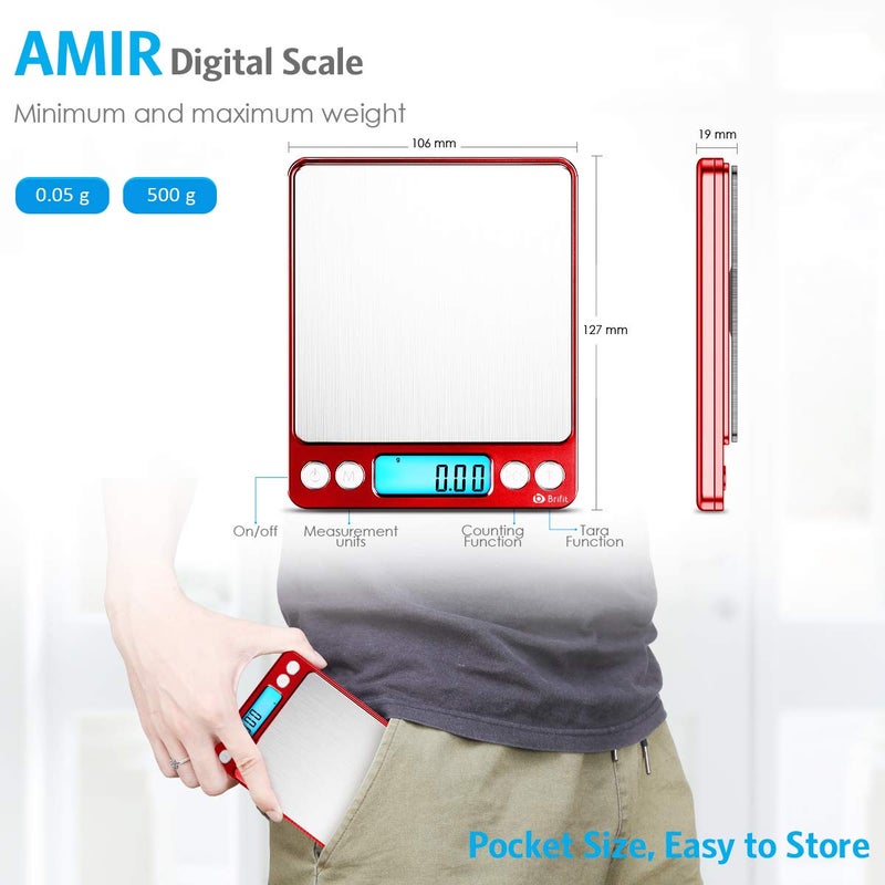 AMIR Digital Kitchen Scale 500g/ 0.01g Pro Cooking Scale with Back-Lit LCD Display Accuracy Pocket Food Scale 6 Units Auto Off Tare PCS Function Stainless Steel Batteries not Included (Red) - Image 5