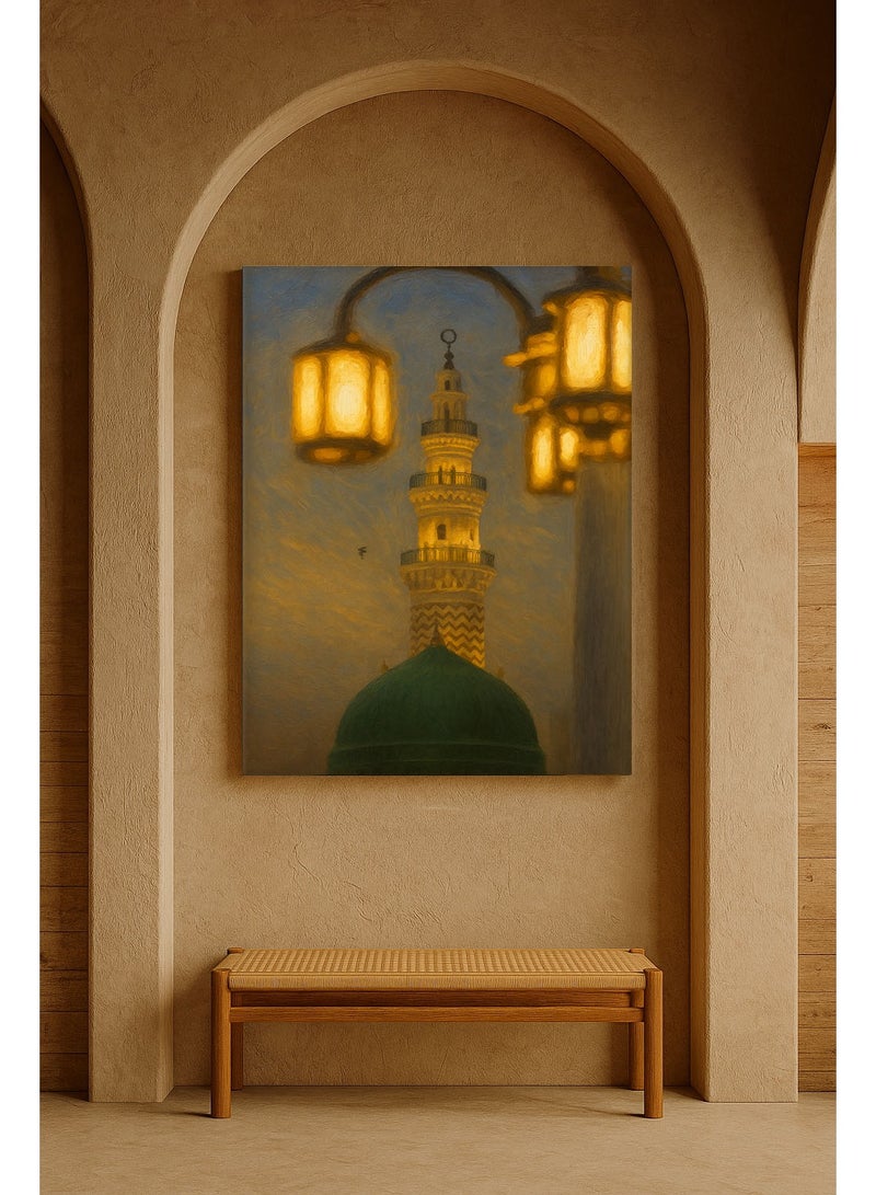 تذكار لوحة كانفاس مطبوعة بإطار خشبي  أنوار المدينة ومئذنة المسجد النبوي بأسلوب زيتي  من تذكار - Image 1