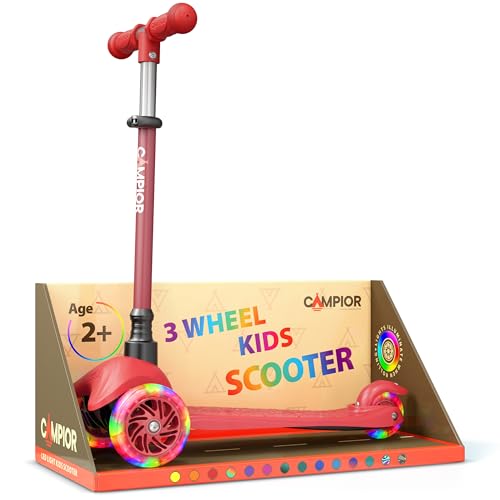 Campior Red Mini 3 Wheel Scooter for Kids LeantoSteer with LED LightUp Wheels Adjustable Handlebar Wide AntiSlip Deck Smooth PU Wheels Rear Foot Brake Toddler Scooter for Ages 2 - Image 1