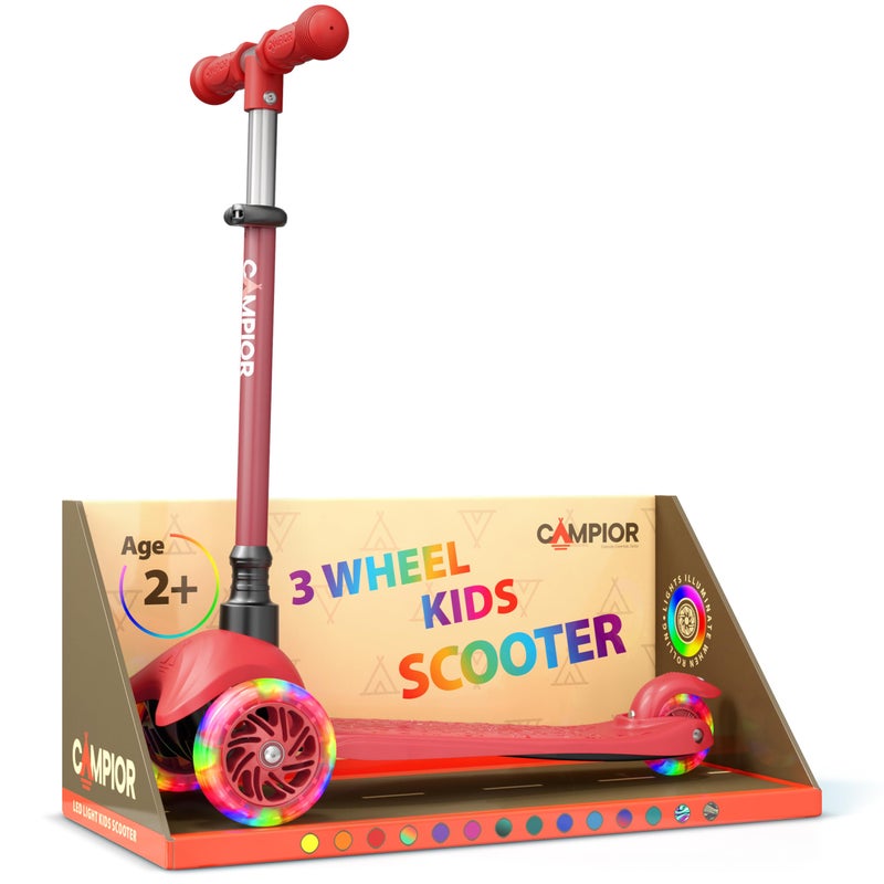 Campior Red Mini 3 Wheel Scooter for Kids LeantoSteer with LED LightUp Wheels Adjustable Handlebar Wide AntiSlip Deck Smooth PU Wheels Rear Foot Brake Toddler Scooter for Ages 2 - Image 2