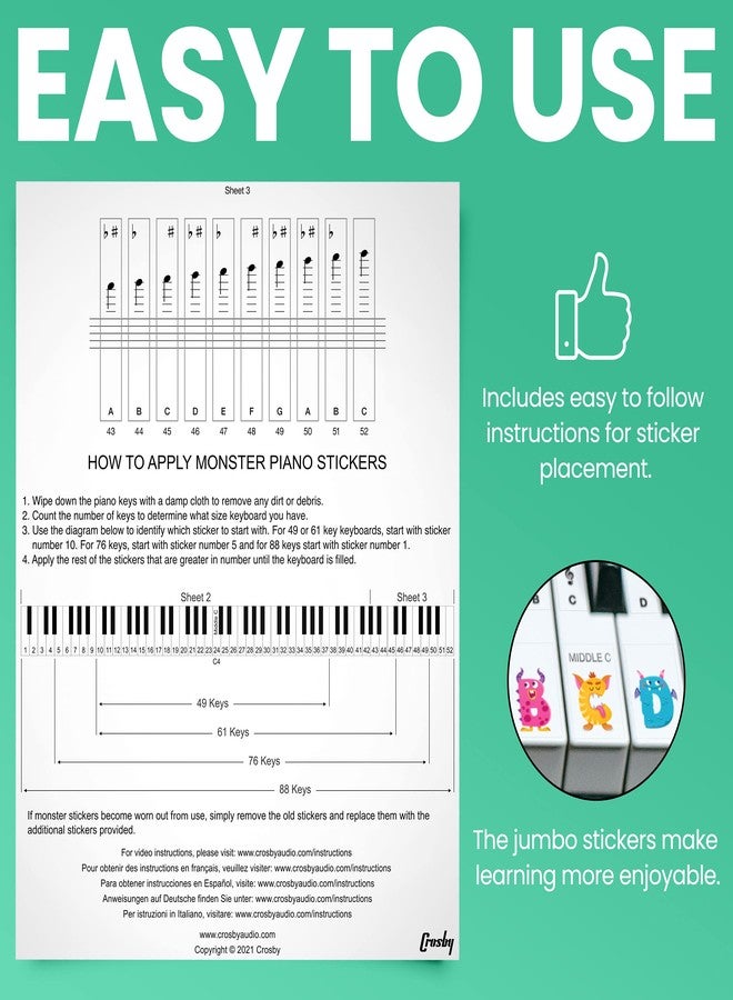 Crosby Monster Piano Stickers for Learning Piano or Keyboard - Transparent 88, 76, 61 & 49 Removable Key Set for Kids & Beginners - Image 3