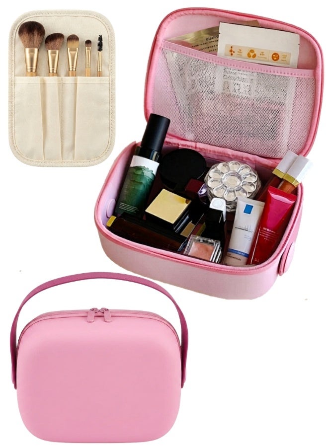 شنطة مكياج للسفر مقاومة للماء من EVA – منظم مستحضرات تجميل بسعة كبيرة بتصميم مزدوج الطبقات مع فتح 180 درجة، فواصل قابلة للإزالة ومكان مخصص للفرش، مقبض محمول قابل للدوران، سهلة التنظيف لتخزين المكياج والعناية بالبشرة والإكسسوارات - Image 1