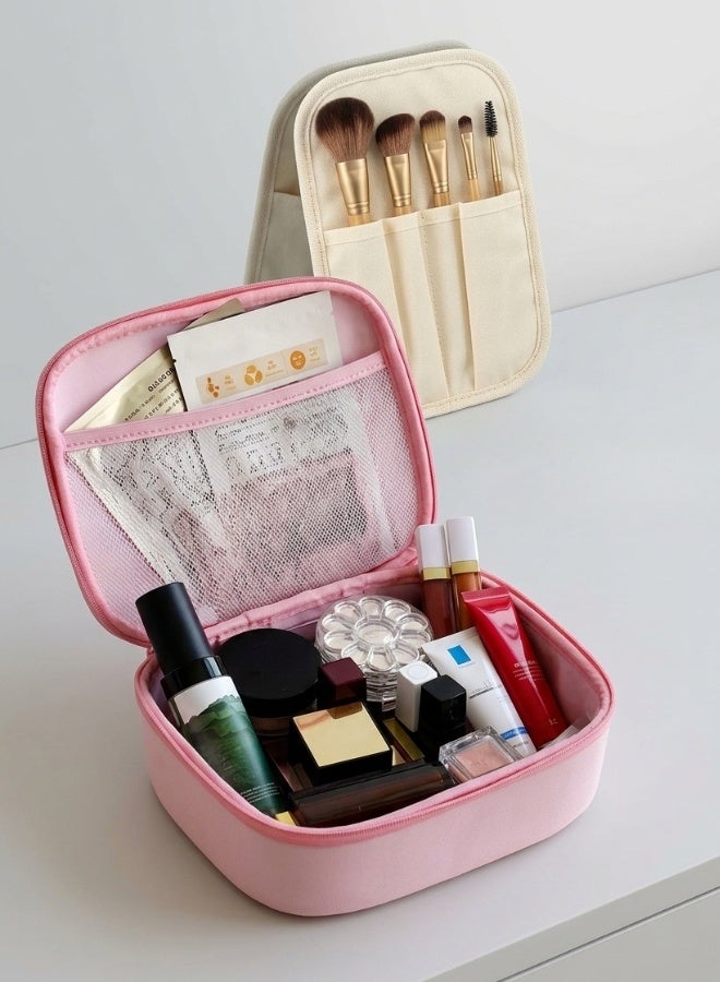 شنطة مكياج للسفر مقاومة للماء من EVA – منظم مستحضرات تجميل بسعة كبيرة بتصميم مزدوج الطبقات مع فتح 180 درجة، فواصل قابلة للإزالة ومكان مخصص للفرش، مقبض محمول قابل للدوران، سهلة التنظيف لتخزين المكياج والعناية بالبشرة والإكسسوارات - Image 5