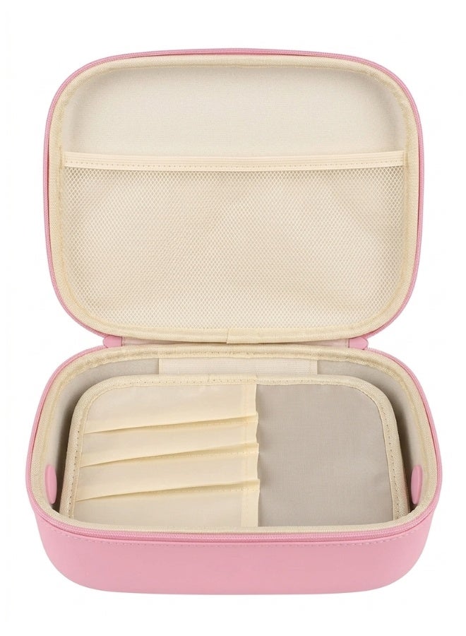 شنطة مكياج للسفر مقاومة للماء من EVA – منظم مستحضرات تجميل بسعة كبيرة بتصميم مزدوج الطبقات مع فتح 180 درجة، فواصل قابلة للإزالة ومكان مخصص للفرش، مقبض محمول قابل للدوران، سهلة التنظيف لتخزين المكياج والعناية بالبشرة والإكسسوارات - Image 4